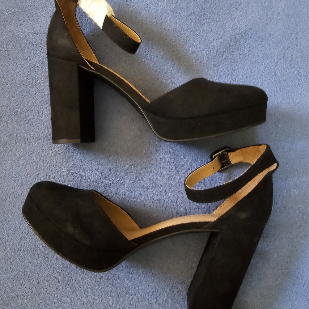 New Sun + Stone Black Suede Ankle-Strap Block Heels - Picture 2 of 6